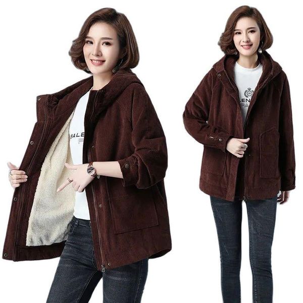

women's jackets winter padded jacket women 2021 plus velvet coat loose large size corduroy short cotton female flocking outwear a337, Black;brown