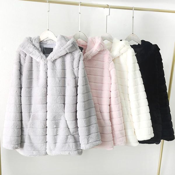 

women's fur & faux autumn winter elegant thick warm coat women plus size hooded long sleeve shaggy jacket luxury coats, Black