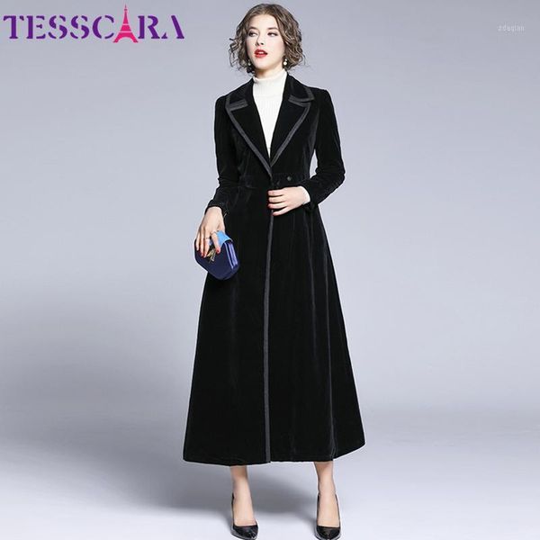 

women's trench coats tesscara women autumn & winter elegant velvet coat female designer x-long vintage outerwear, Tan;black