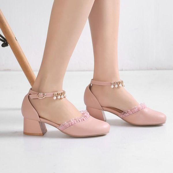 

dress shoes pxelena cute sweet ruffles beads wedding sandals girls round toe square med heels women blue pink white beige 2021, Black