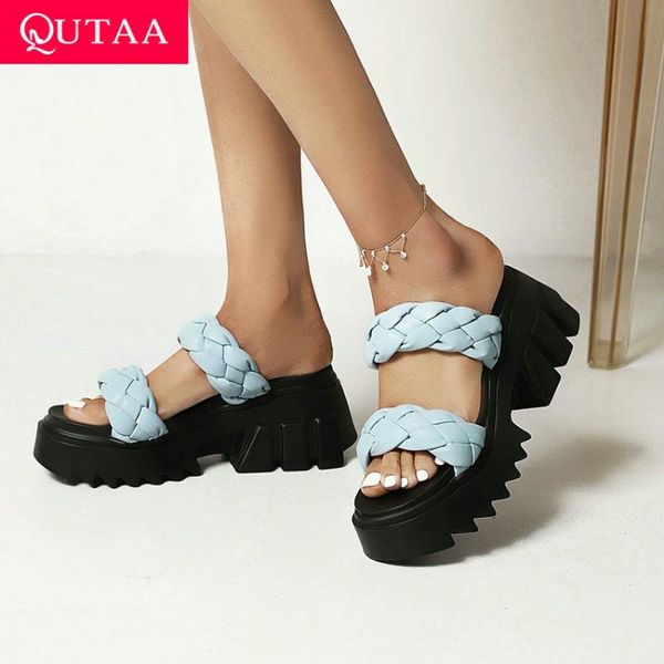 

sandals qutaa 2021 summer square high heel fashion slingback women shoes pu leather platform female slides big size 35-43, Black