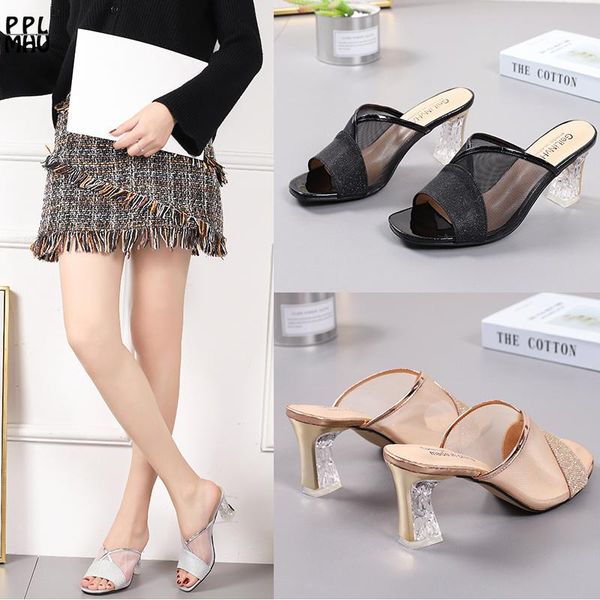 

british style slipper light wearable high heels fashion outdoor non-slip shallow comfortable slides rose gold mesh peep toe slippers, Black