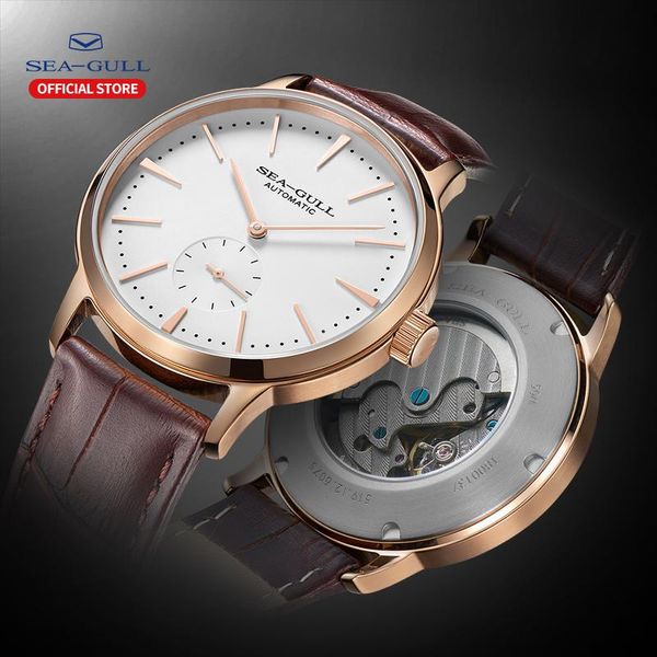 

wristwatches seagull business watches men's mechanical 50m waterproof leather valentine male 819.22.6075, Slivery;brown