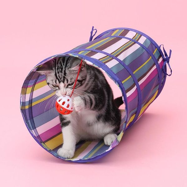 

cat toys striped foldable tunnel with bell rain gauze breathable straight tube toy