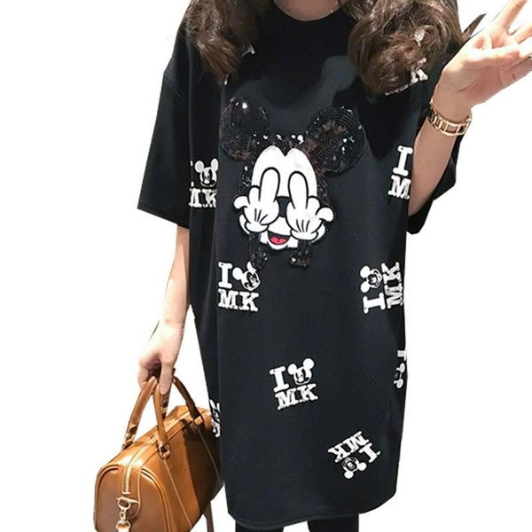 

maternity & tees cartoon pattern short-sleeve long section dress t-shirt plus size 5xl black pregnant tee blouse clothe, White