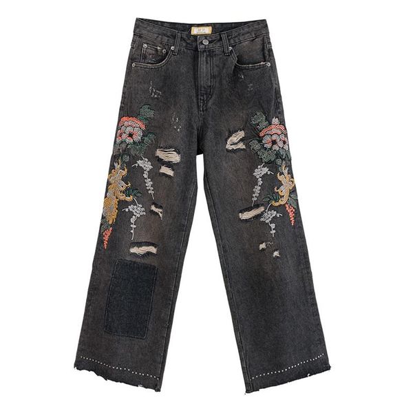 

spring fall women vintage high waist embroidery sequined ripped hole wide leg black denim trousers , womens jeans pants women's, Blue