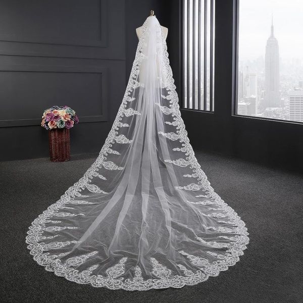 

bridal veils real pos wedding accessory 2 tiers cathedral length veil lace sequins long with metal comb voile mariage, Black