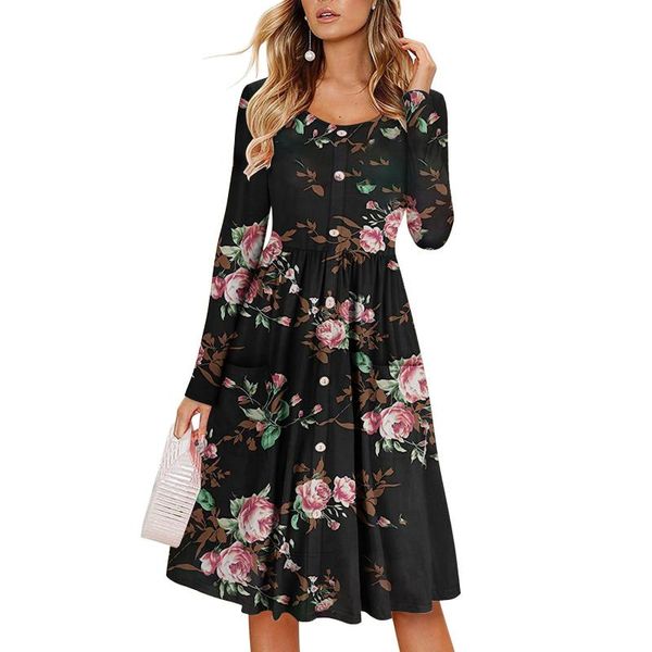 

casual dresses fashion for women 2021 long sleeve print button dress o-neck knee leng robe femme elegant, Black;gray