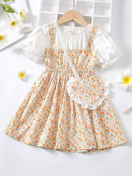 

toddler girls ditsy floral print puff sleeve dress & bag she, Red;yellow