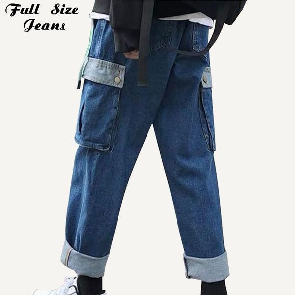 

men's jeans plus size patchworked inside-out pockets cargo women 5xl harajuku loose straight denim pants mom joggers dance trousers, Blue