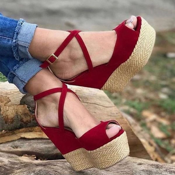 

Women Sandals Red Shoes Woman Wedge Heel Platform Ladies Super High Heels Cross tied Ankle Strap Female Summer Party Shoes 2021