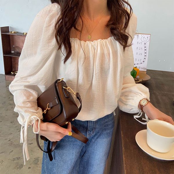 

femme womens 2021 autumn korean sweet style soild color lace up long sleeve shirt women square collar blouses (x1359), White