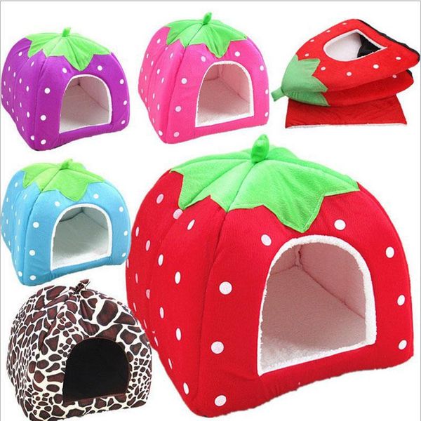 

kennels & pens 2 in 1 tent house foldable dog kennel cute dot yurt soft mats strawberry bed for dogs cats animals pet cave accessories