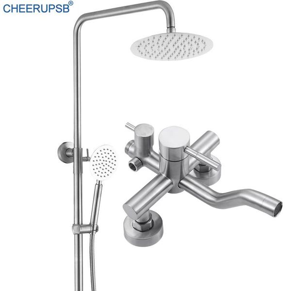 

bathroom stainless steel shower set wall mounted mixer bath faucet brush nickel sky rain fall system round tube spayer sets