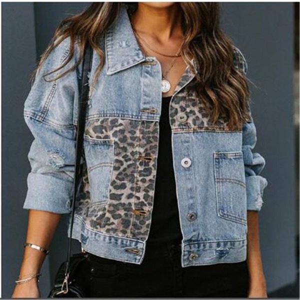 

spring autumn denim jacket women long-sleeved european american coat leopard stitching clothes women's jackets, Black;brown