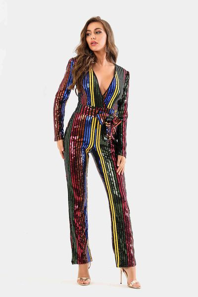 

dress new style elegant women's multicolor sequined long-sleeved tights belt v-neck celebrity party jumpsuit, Black;gray