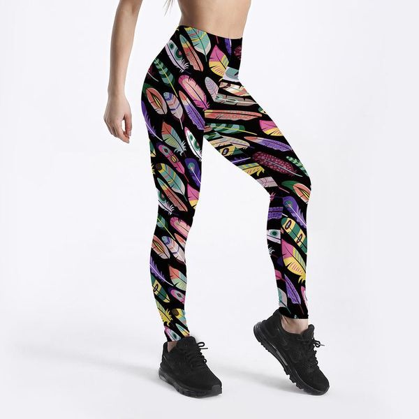 

women's leggings women legging feather print fitness leggins fashion slim legins high waist sports push up gym clothing woman pants, Black