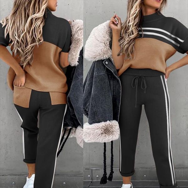 

casual o neck loose women capris sports pocket color matching summer fashion stitching trousers with suit, Black;white