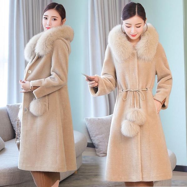 

women's fur & faux women real wool overcoat sheep shearing coat hooded with collar long female winter outerwear, Black