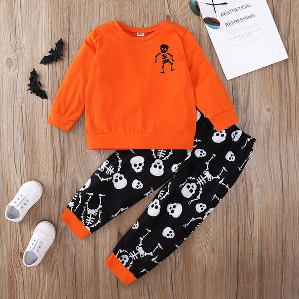 

baby girl boy clothes sets spring autumn children outfits orange printed long sleeve skull pants chinese child suit kids clothing, White