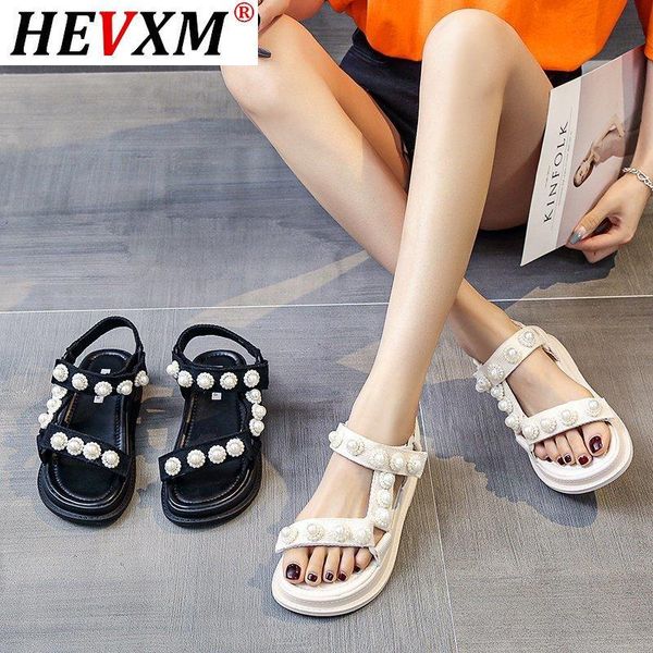 

sandals anti-skid 2021 summer comfort shoes for women beach all-match suit female beige big pearl girls flat gladiato, Black
