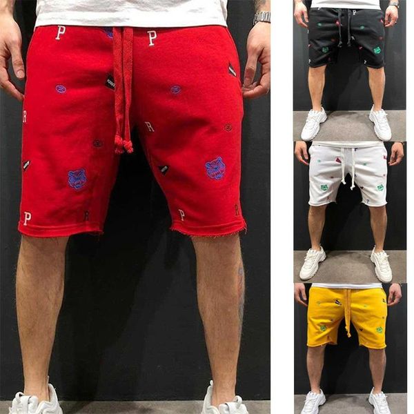 

men's shorts summer high street tide brand loose embroidered beggar cotton five-point pants hip-hop sports casual running, White;black