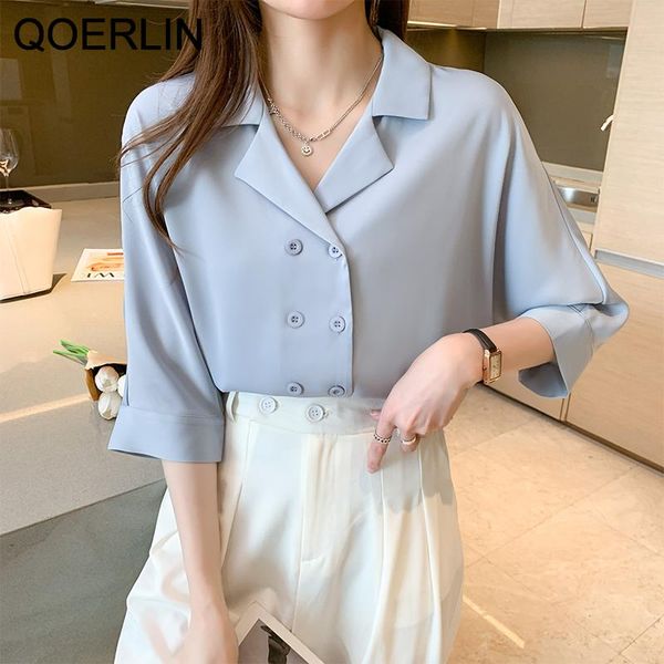 

women's blouses & shirts qoerlin summer ladies elegant double-breasted style chic v-neck half sleeve satin shirt women loose casual sol, White