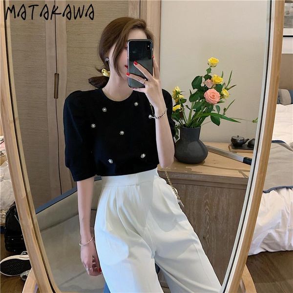 

women's t-shirt matakawa black puff sleeve women summer beaded slim woman tshirts short 2021 fashion clothing t shirts, White