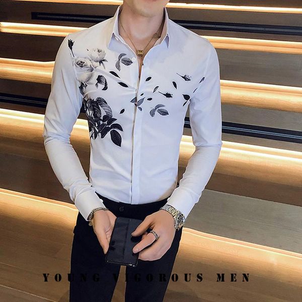

men's casual shirts 2021 autumn winter shirt men korean slim fit floral for clothing all match long sleeve club tuxedo, White;black