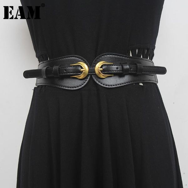 

belts [eam] pu leather black dobule buckle wide ealstic belt personality women fashion tide all-match spring autumn 2021 1de1922, Black;brown