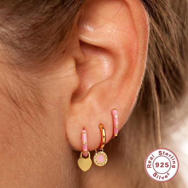 

hoop & huggie mc girls women luxury pendientes fine jewelry 925 sterling silver earrings with heart pendant zircon enamel ear hoops, Golden;silver