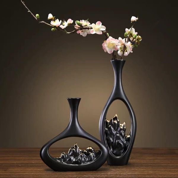 

vases chinese landscape hollow vase zen black hand-painted ceramic flower arrangement porch living room false decoration