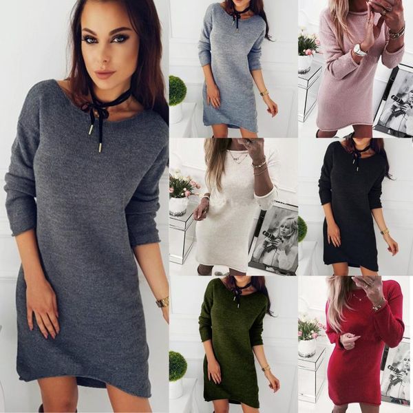 

women's sweater dress autumn and winter round neck long-sleeved mini qa03 casual dresses, Black;gray