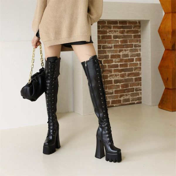 

boots sarairis cool stylish party women ridding high heel over the knee zipper platform lace up shoes, Black