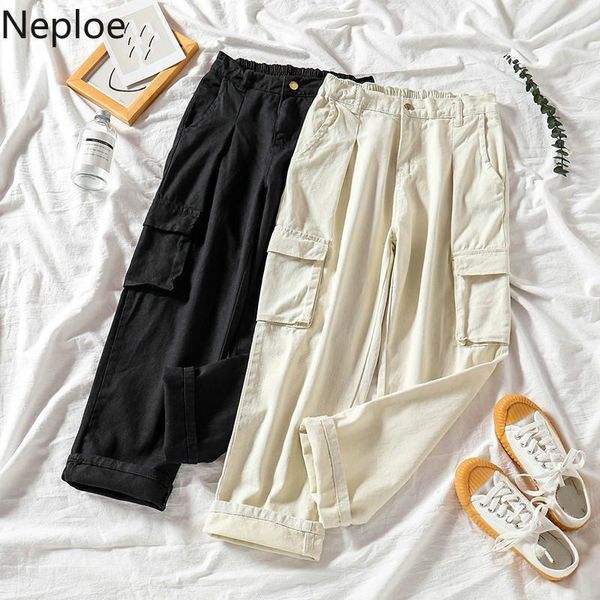 

women's pants & capris neploe 2021 autumn winter hip-hop button stretch high wiast cargo women trousers korean streetwear solid ankle 5, Black;white