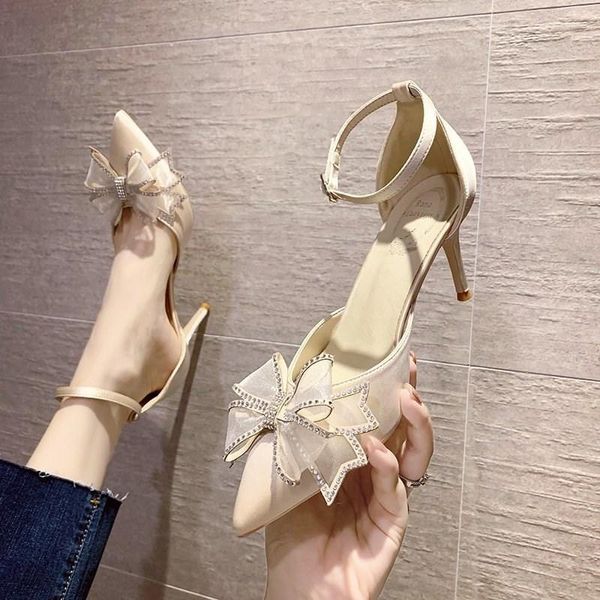 

2021 women's high heels shallow mouth pointed buckle bow rhinestone high heels ladies sandals single shoes party shoes, Black