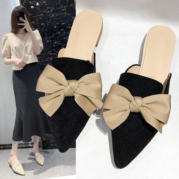

slippers shoes woman 2021 cover toe female luxury slides flock butterfly-knot pointed flat designer soft pu fabric butterfly, Black