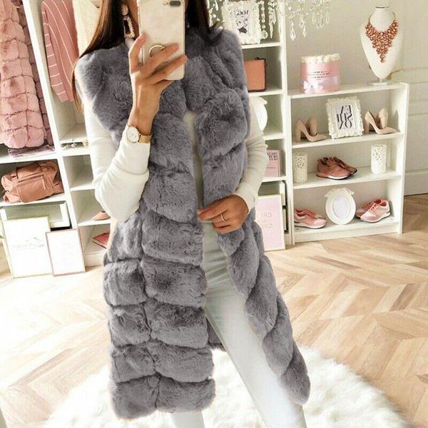 

women's vests 2022 womens long faux fur vest winter fashion solid sleeveless waistcoat body thick warmer ladies jacket coat veste outwe, Black;white