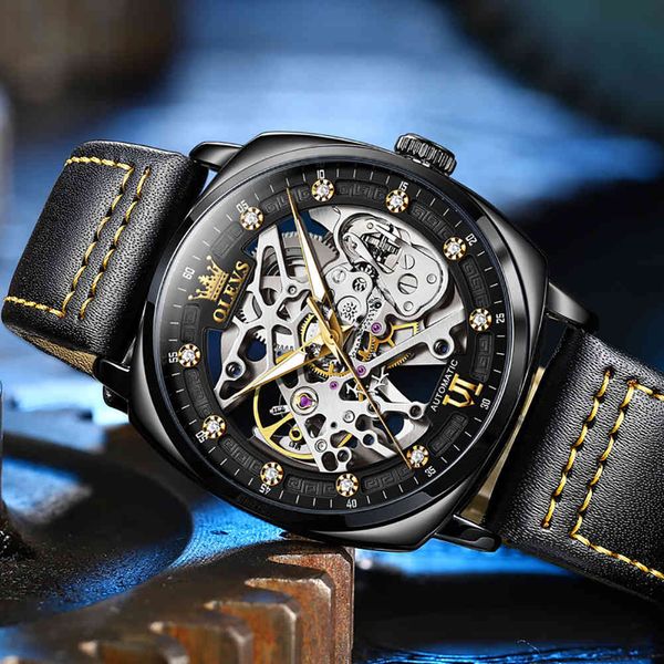 

men's watch automatic mechanical hollow design waterproof leather band individuality and uniqueness male clock, Slivery;brown