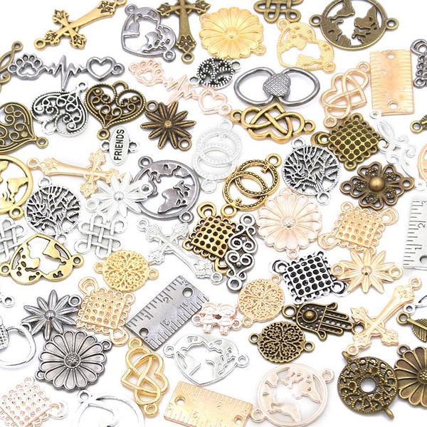 

charms 30pcs 10 color 15-30 styles metal alloy vintage mix plant heart connectors charm for diy handmade bracelet jewelry making, Bronze;silver