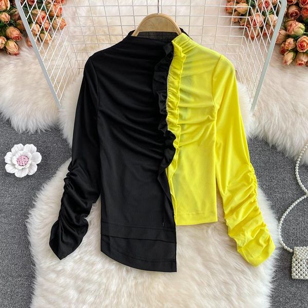 

women's sweaters yizzhoy spring autumn slim long sleeve color matching irregular t-shirt stitching pleated elastic outer bottoming shir, White;black