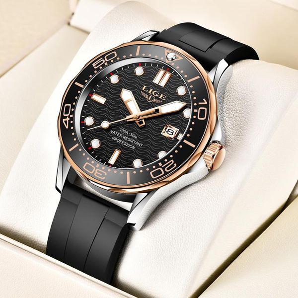 

wristwatches lige 2021 mens watches fashion sport watch men waterproof quartz relogio masculino silicone strap reloj hombre, Slivery;brown