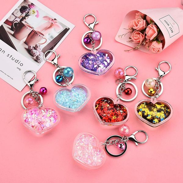 

keychains cute sequin heart-shaped women keychain bell pendant transparent quicksand car girl lover gift, Silver