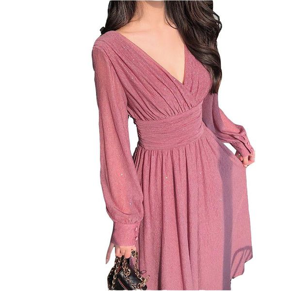 

casual dresses 2021 v-neck ladies dress spring autumn solid color long sleeve receive waist pleated temperament women's nbh67, Black;gray
