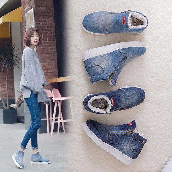 

boots winter shoes women denim snow platform warm fleeces classic high round toe flat casual sneakers zapatos de mujer, Black