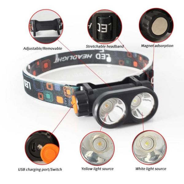 

double light led head torch headlamp rechargeable super bright headlight headtorch waterproof running camping fishing hiking headlamps