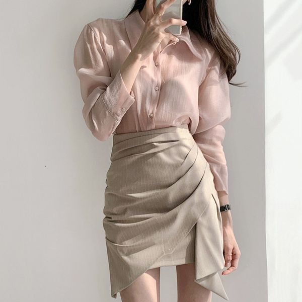 

korean chic temperament lapel design feeling thin micro transparent shirt + irregular stripe skirt short set, Black;gray