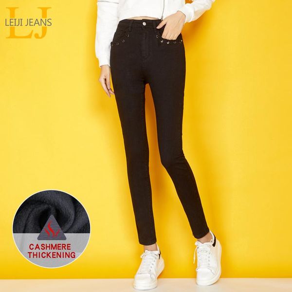 

women's jeans leijijeans 2021 winter thicken black eyelet hollow out denim plus size l casual skinny pencil for women 7380r, Blue