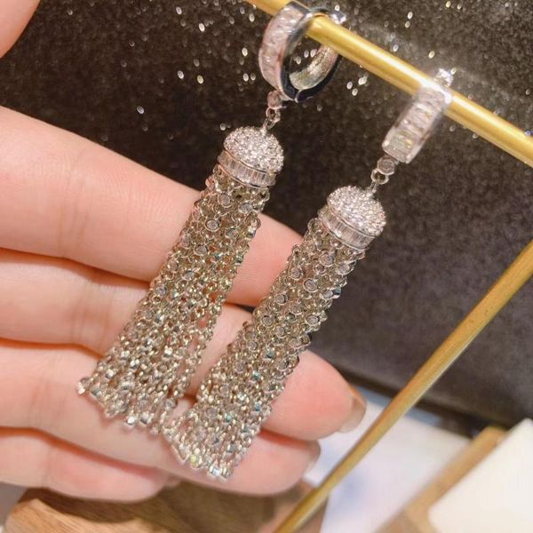

dangle & chandelier luxury tassels long bagutte earrings for women wedding cubic zircon crystal cz dubai bridal fashion jewelry e6674, Silver