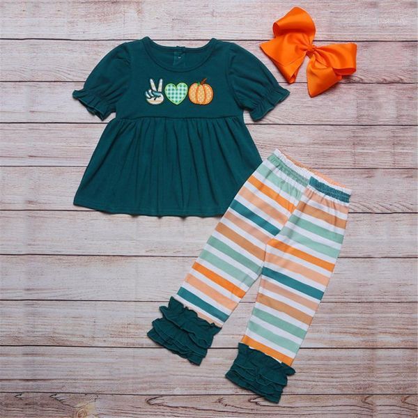 

clothing sets fashionable pure cotton embroidery baby girl suit green short sleeved and striped trousers children's boutique1, White